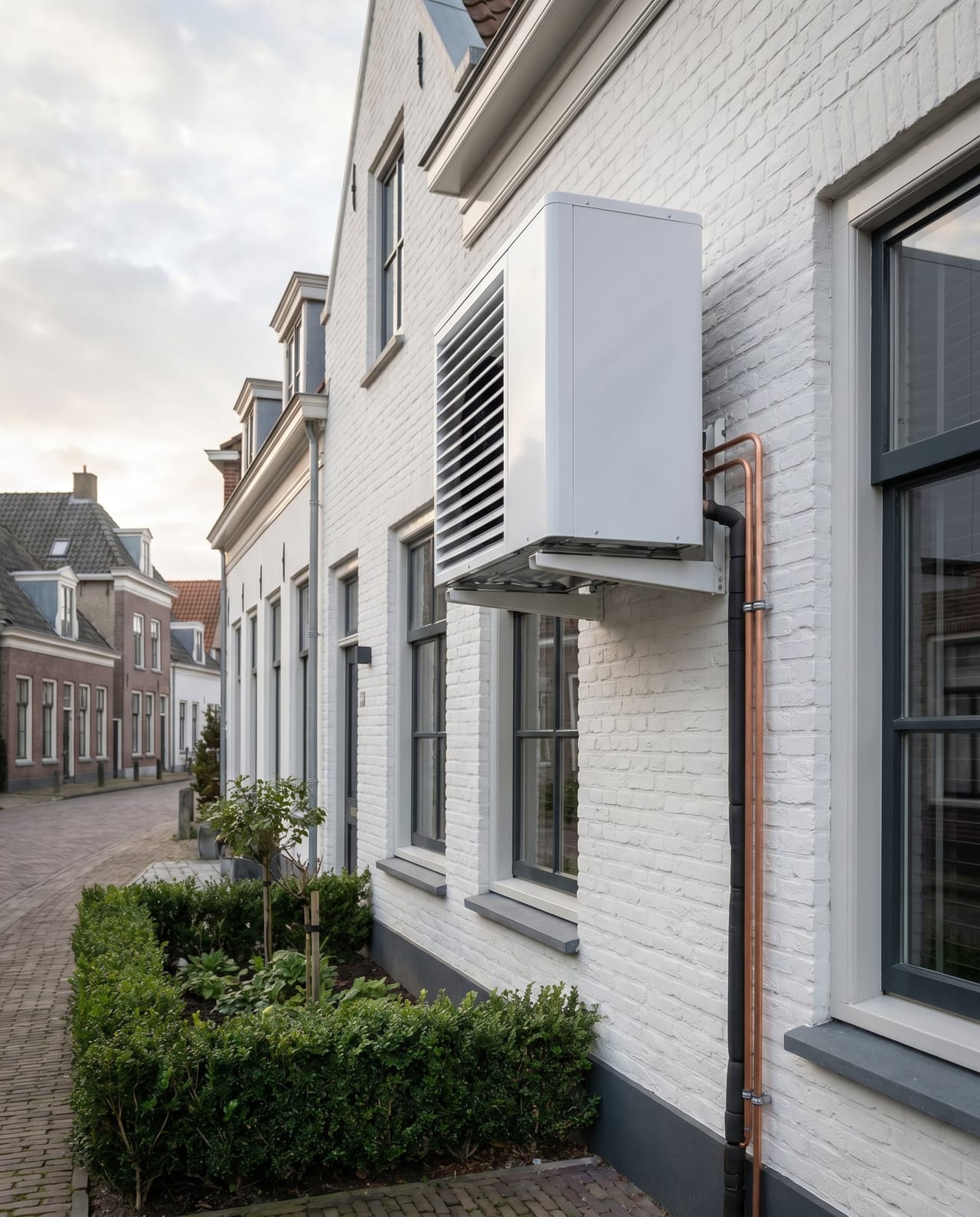 Moderne witte buitenunit van een warmtepomp aan de gevel van een Nederlandse rijwoning