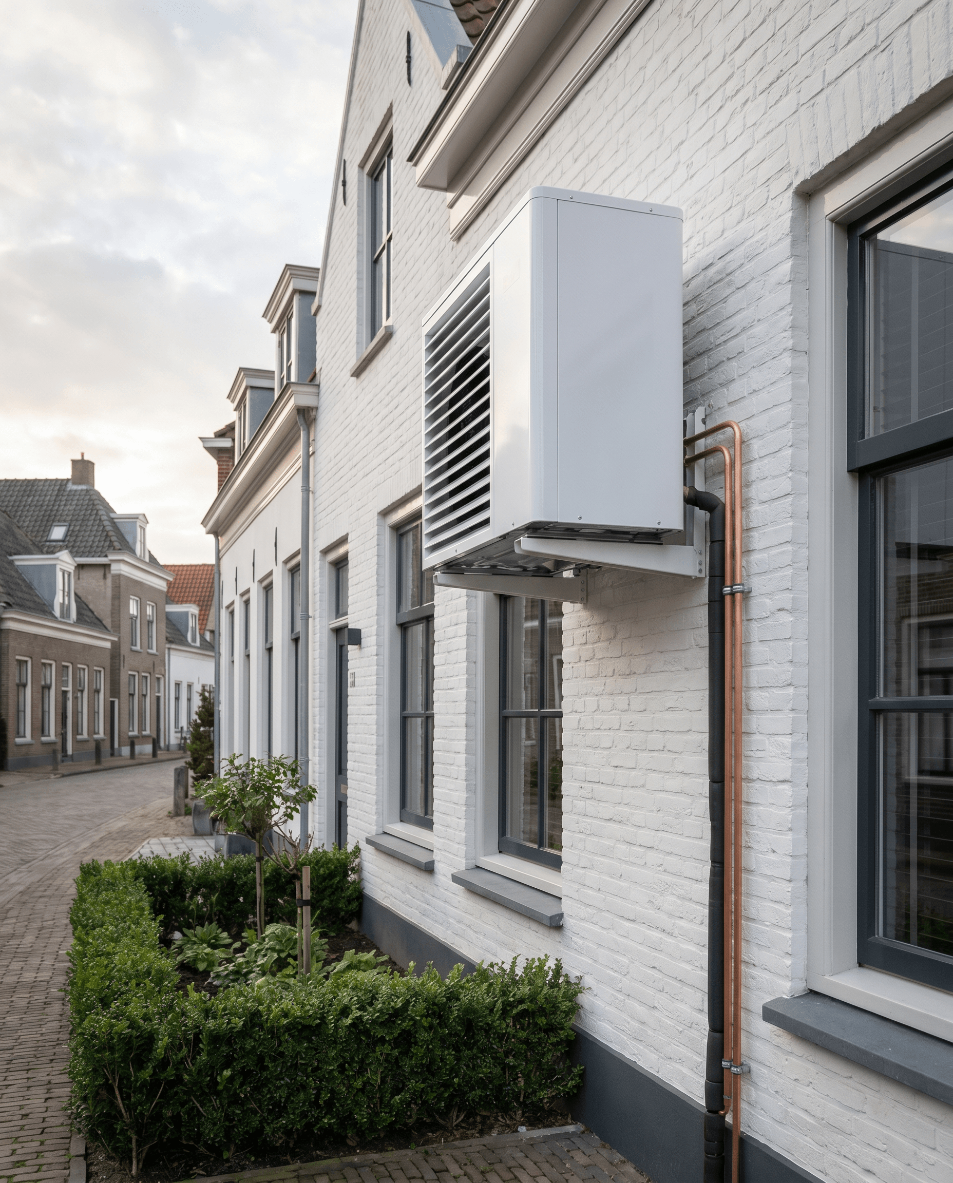 Moderne witte buitenunit van een warmtepomp aan de gevel van een Nederlandse rijwoning