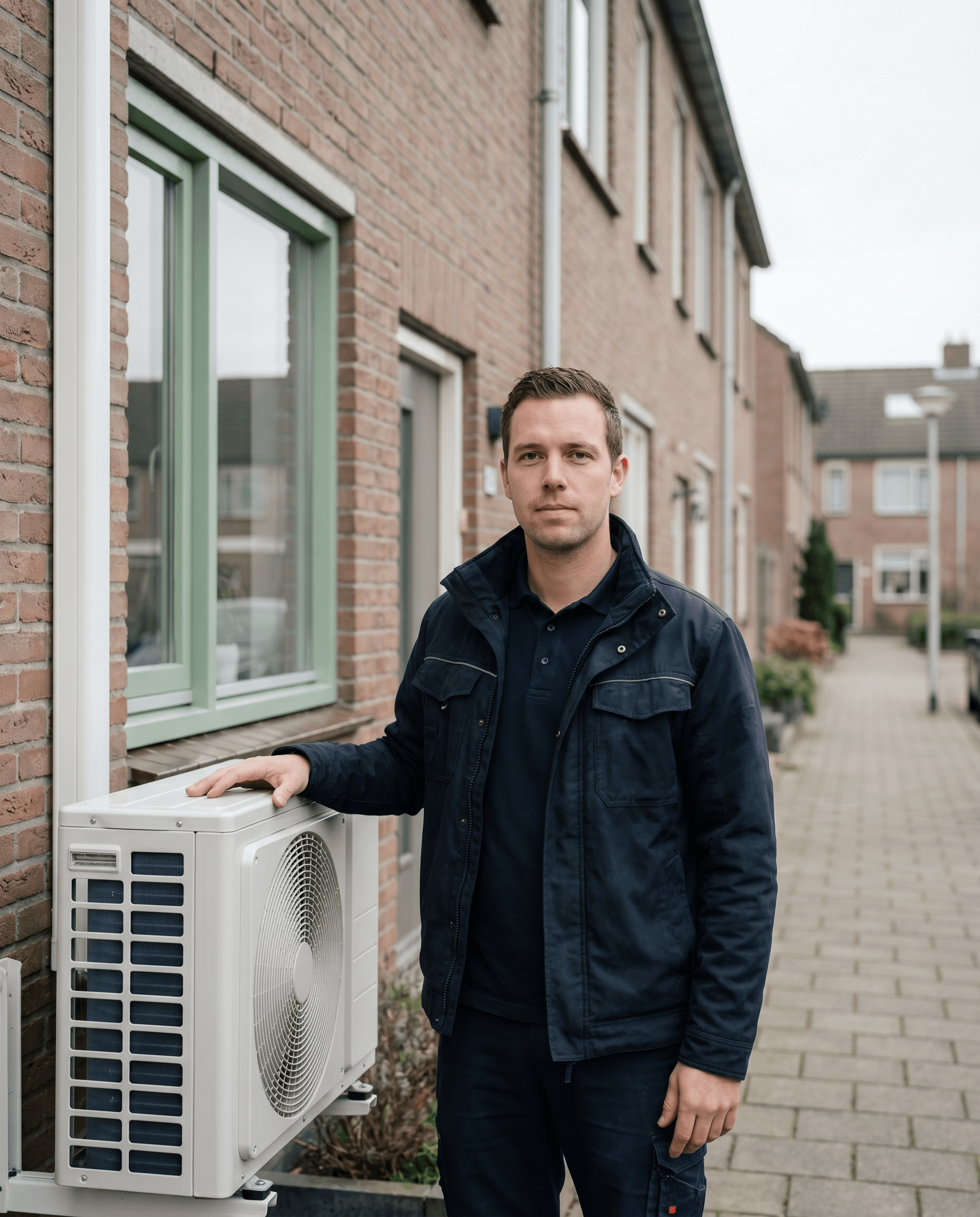 Nederlandse installateur naast een gemonteerde warmtepomp buitenunit