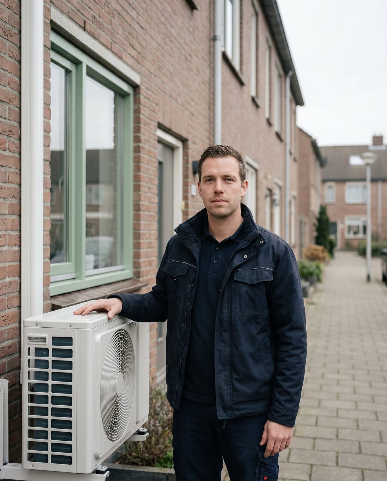 Nederlandse installateur naast een gemonteerde warmtepomp buitenunit